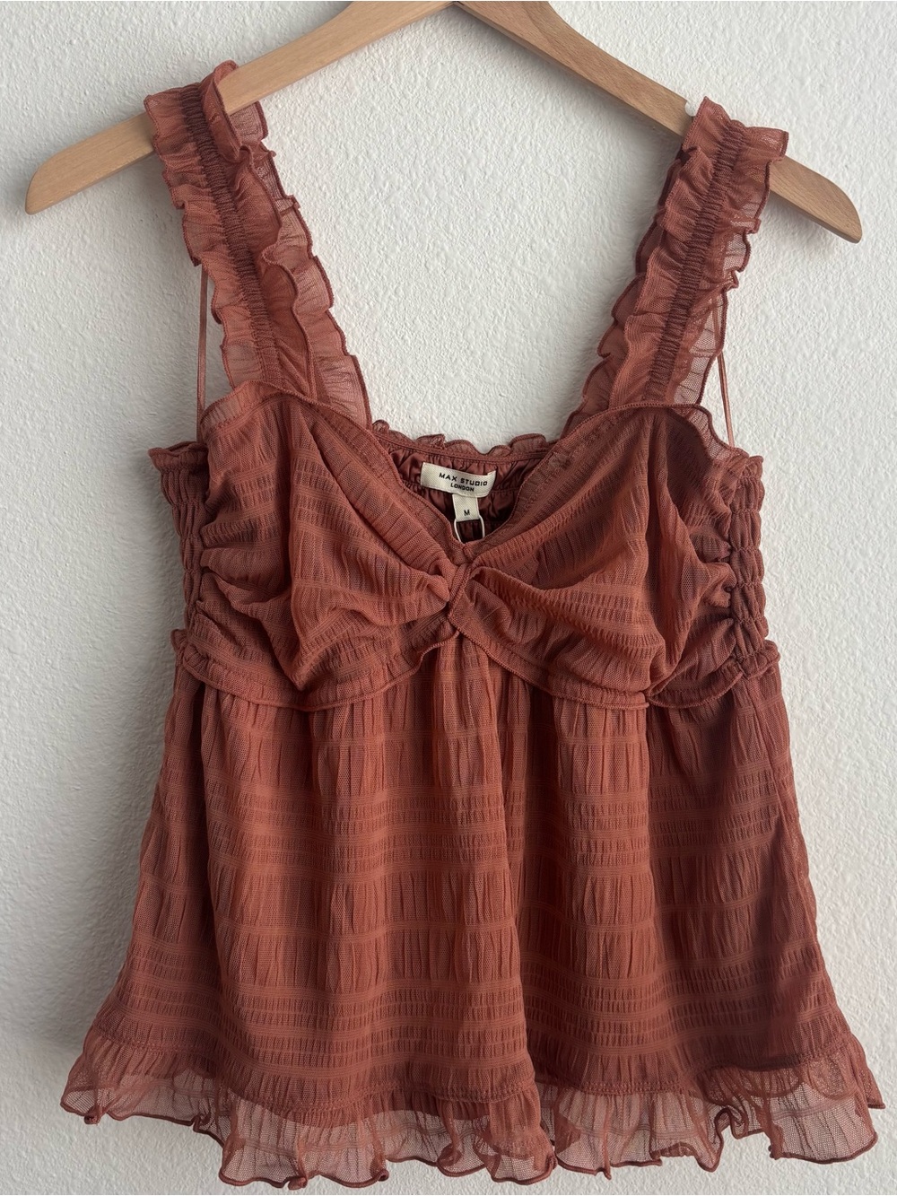 NWT Max Studio Dusty Rose Ruffled Tie-Front Smocked Babydoll Camisole Tank Top